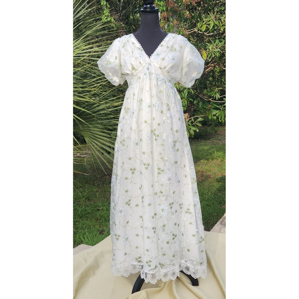 Medium White Gown Sheer Lace Overlay Long Dress Green Blue Floral Coquette Stage